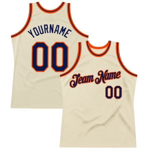 Custom Cream Navy-Orange Authentic Throwback Basketball Jersey