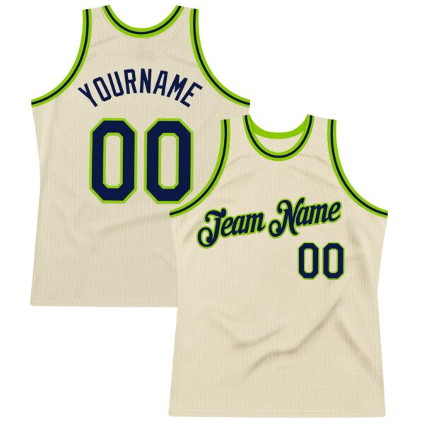 Custom Cream Navy-Neon Green Authentic Throwback Basketball Jersey