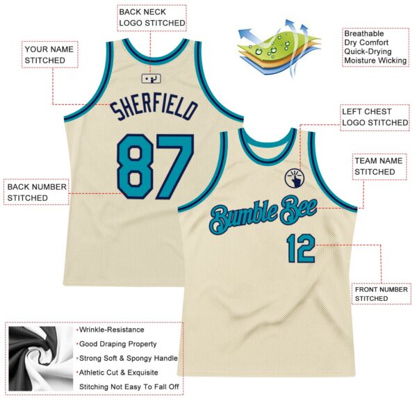 Custom Cream Teal-Navy Authentic Throwback Basketball Jersey