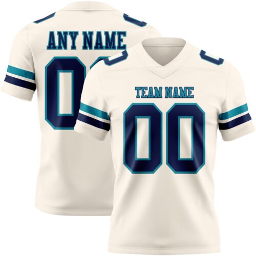 Custom Cream Navy-Teal Authentic Football Jersey