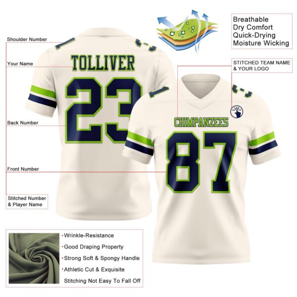 Custom Cream Navy-Neon Green Authentic Football Jersey