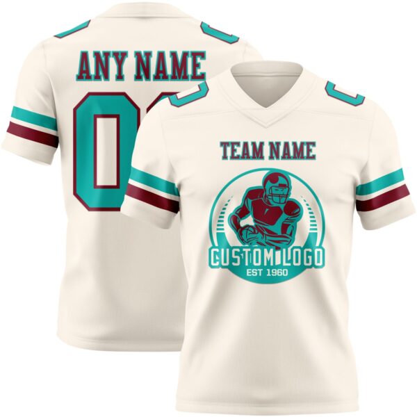 Custom Cream Aqua-Crimson Authentic Football Jersey