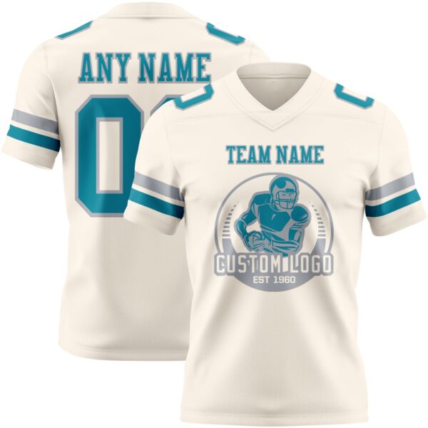 Custom Cream Teal-Gray Authentic Football Jersey