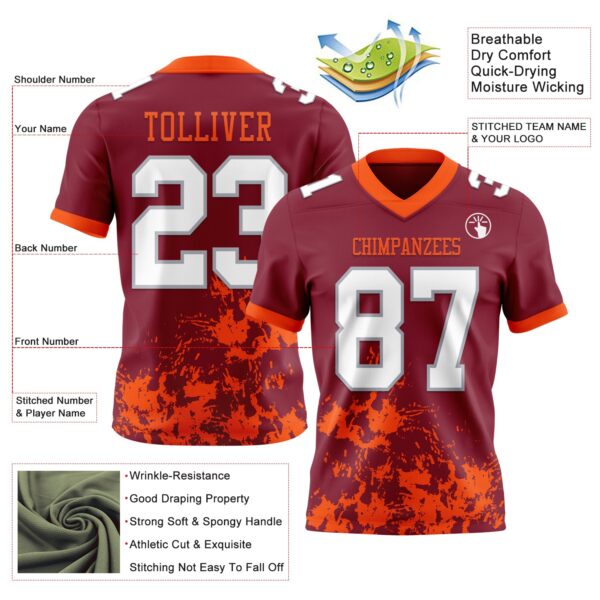 Custom Crimson White Orange-Gray 3D Pattern Splash Authentic Football Jersey