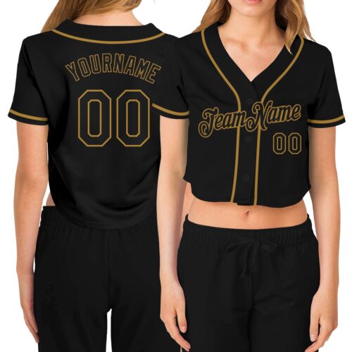 Cropped0059_e18f5ca1-0b4d-464a-8e0b-ecc3ac852c93 Custom Women's Black Black-Old Gold V-Neck Cropped Baseball Jersey