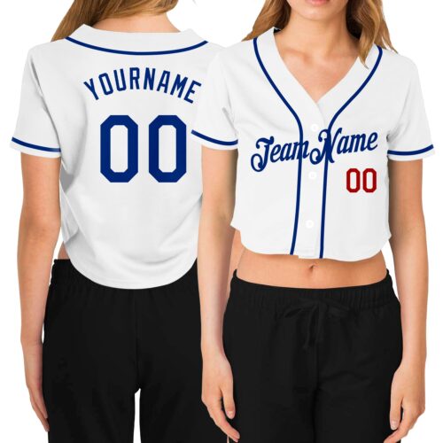 Cropped0095 Custom Women's White Royal-Red V-Neck Cropped Baseball Jersey