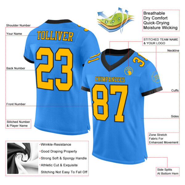 ElectricBlue0046-1 Custom Powder Blue Gold-Black Mesh Authentic Football Jersey