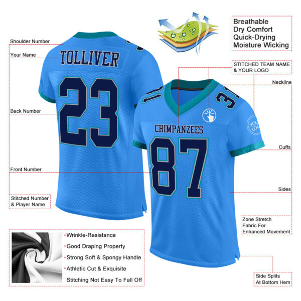 ElectricBlue0047-1 Custom Powder Blue Navy Gray-Teal Mesh Authentic Football Jersey