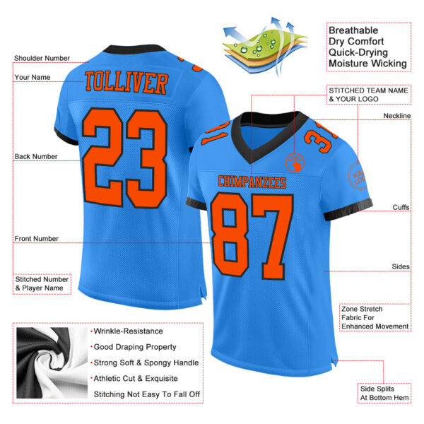 ElectricBlue0048-1 Custom Powder Blue Orange-Black Mesh Authentic Football Jersey
