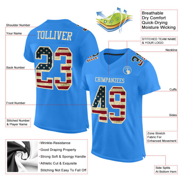 ElectricBlue0049-1 Custom Powder Blue Vintage USA Flag-City Cream Mesh Authentic Football Jersey