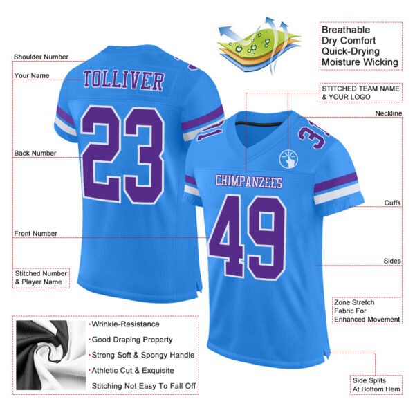 ElectricBlue0052-1 Custom Powder Blue Purple-White Mesh Authentic Football Jersey