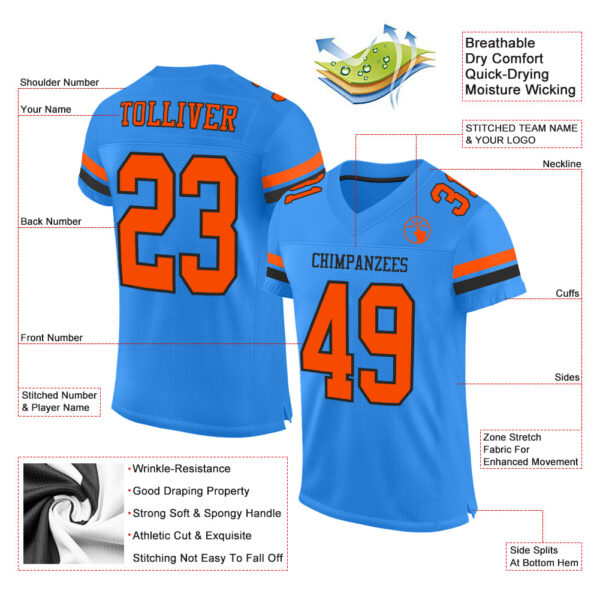 ElectricBlue0053-1 Custom Powder Blue Orange-Black Mesh Authentic Football Jersey