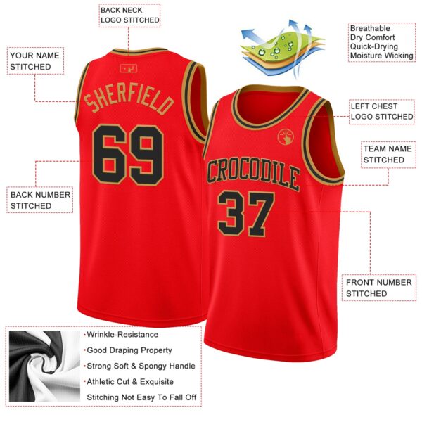 Custom Fire Red Black-Old Gold Authentic Basketball Jersey