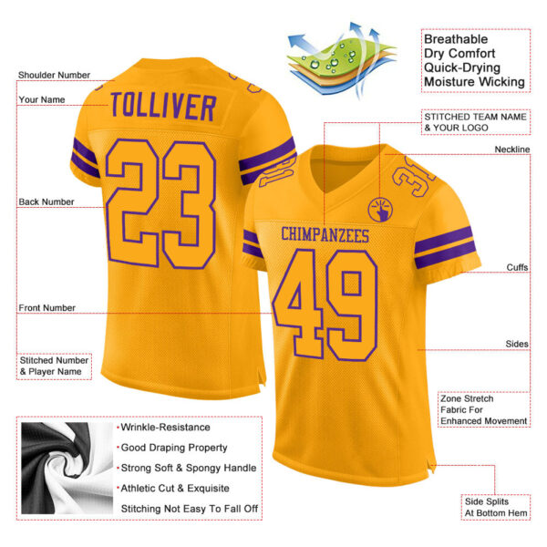 Gold0155-1 Custom Gold Gold-Purple Mesh Authentic Football Jersey