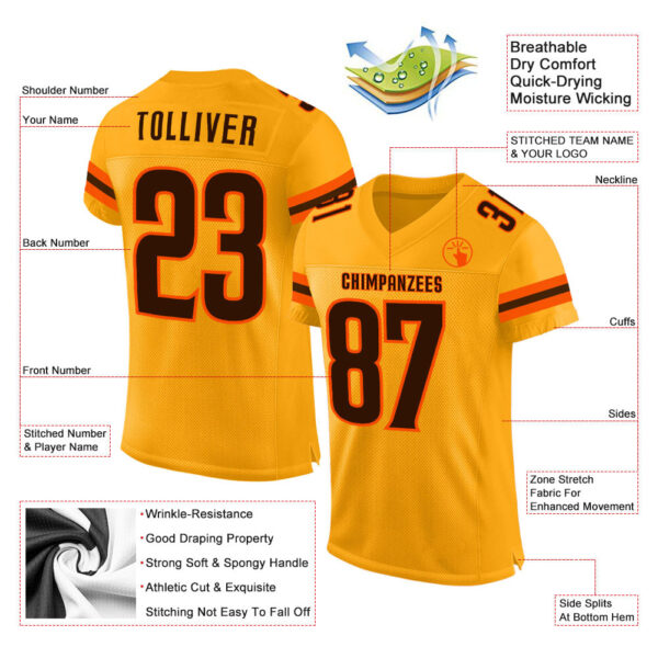 Gold0160-1 Custom Gold Brown-Orange Mesh Authentic Football Jersey