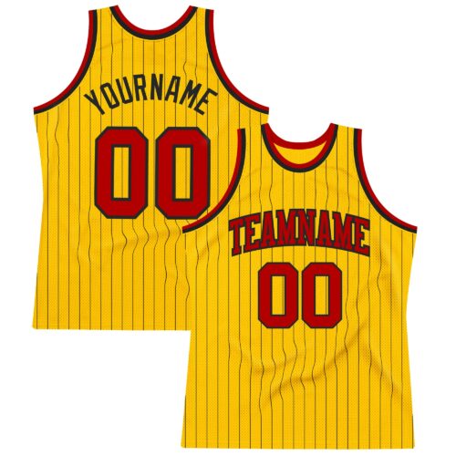 Custom Gold Black Pinstripe Red Authentic Basketball Jersey