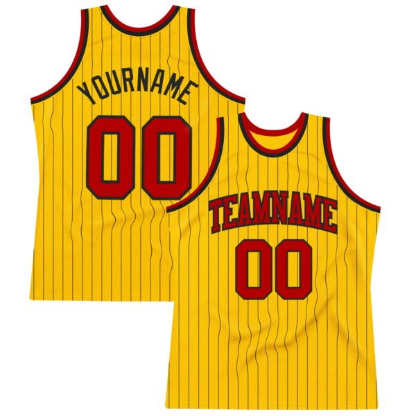 Custom Gold Black Pinstripe Red Authentic Basketball Jersey