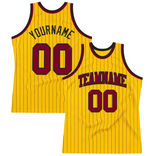 Gold0374 Custom Gold Black Pinstripe Maroon Authentic Basketball Jersey