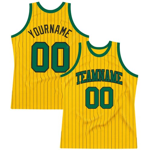 Gold0377 Custom Gold Black Pinstripe Kelly Green Authentic Basketball Jersey
