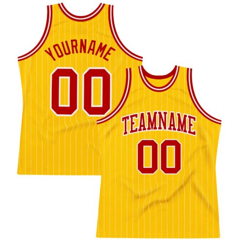 Gold0383 Custom Gold White Pinstripe Red Authentic Basketball Jersey