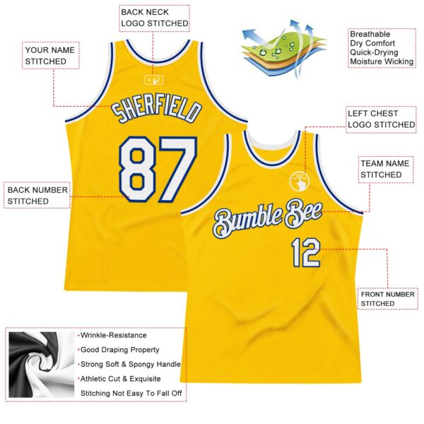 Custom Gold White-Royal Authentic Throwback Basketball Jersey