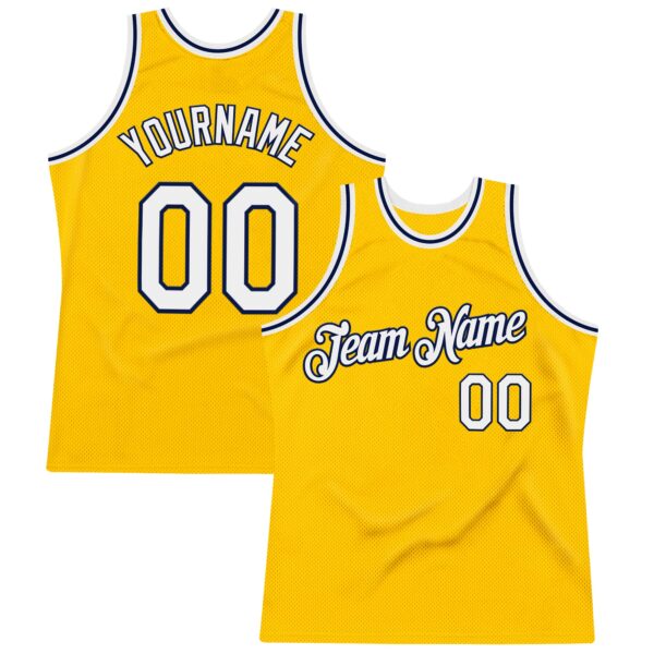 Custom Gold White-Navy Authentic Throwback Basketball Jersey