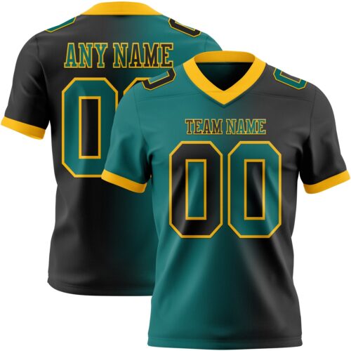 Custom Black Teal-Gold Authentic Gradient Fashion Football Jersey