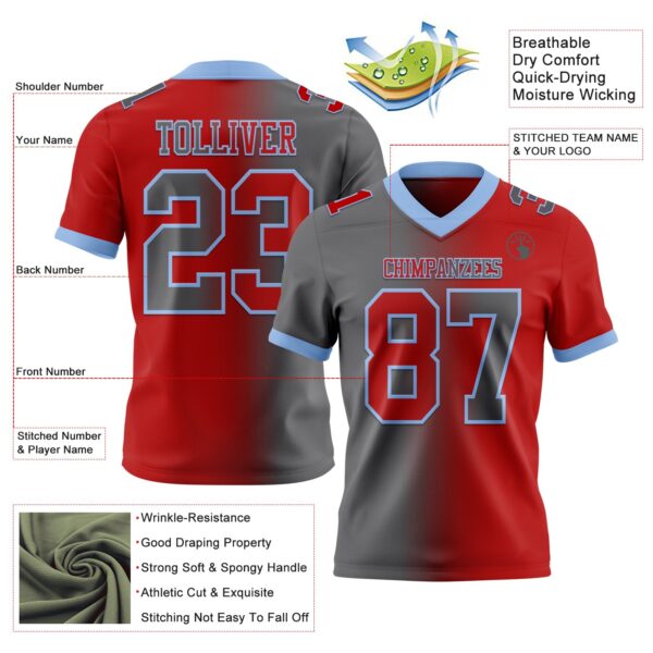 Custom Red Steel Gray-Light Blue Authentic Gradient Fashion Football Jersey