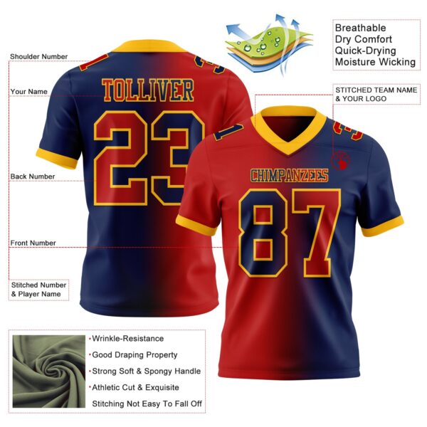Custom Navy Red-Gold Authentic Gradient Fashion Football Jersey