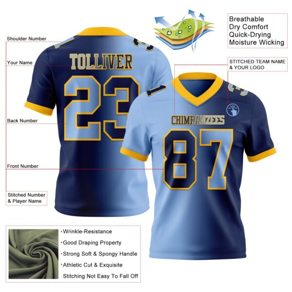 Custom Navy Light Blue-Gold Authentic Gradient Fashion Football Jersey