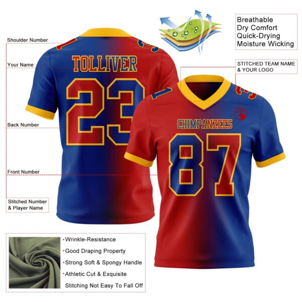 Custom Royal Red-Gold Authentic Gradient Fashion Football Jersey