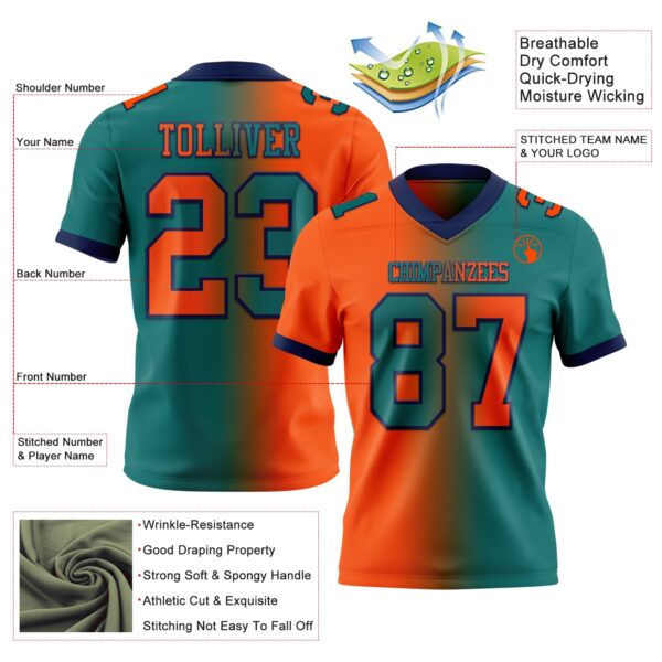 Custom Teal Orange-Navy Authentic Gradient Fashion Football Jersey