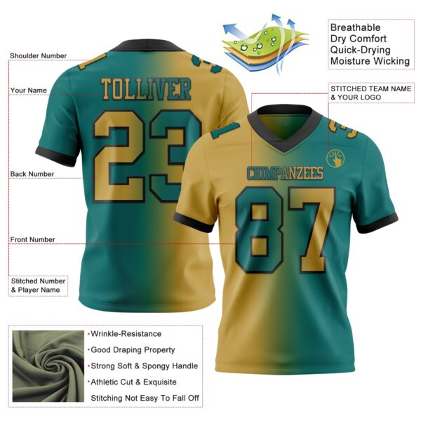 Custom Teal Old Gold-Black Authentic Gradient Fashion Football Jersey
