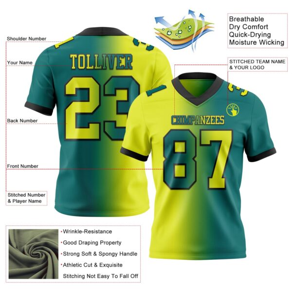 Custom Teal Neon Yellow-Black Authentic Gradient Fashion Football Jersey