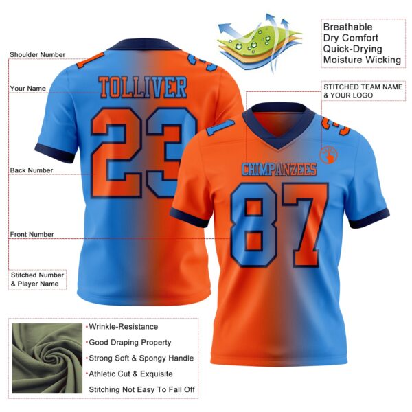 Custom Powder Blue Orange-Navy Authentic Gradient Fashion Football Jersey