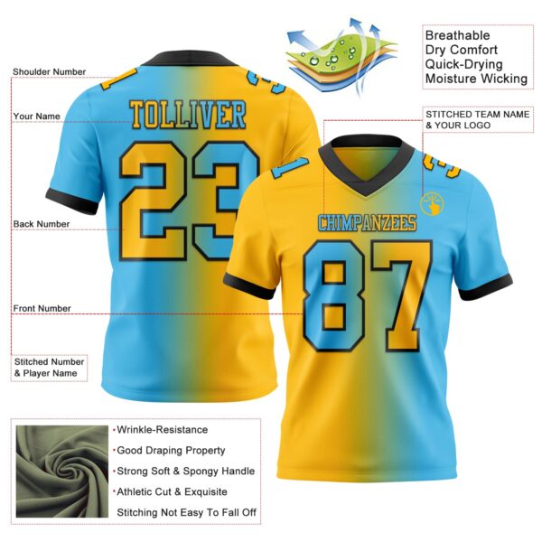 Custom Sky Blue Gold-Black Authentic Gradient Fashion Football Jersey