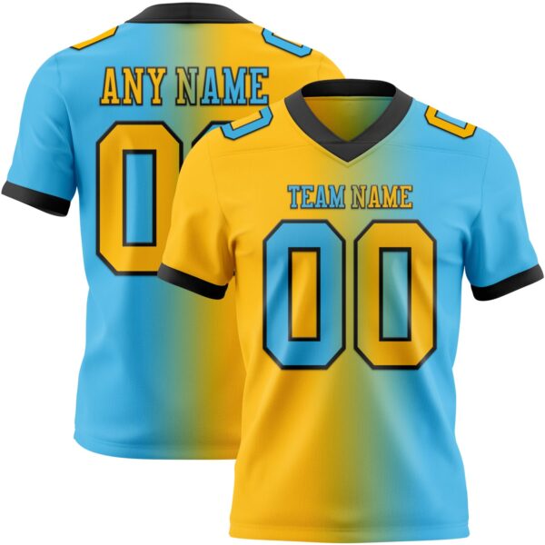 Custom Sky Blue Gold-Black Authentic Gradient Fashion Football Jersey