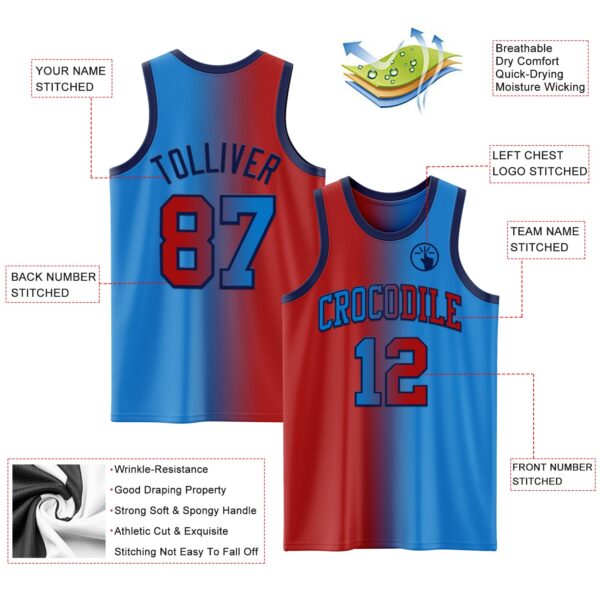 Custom Powder Blue Red-Navy Authentic Gradient Fashion Basketball Jersey