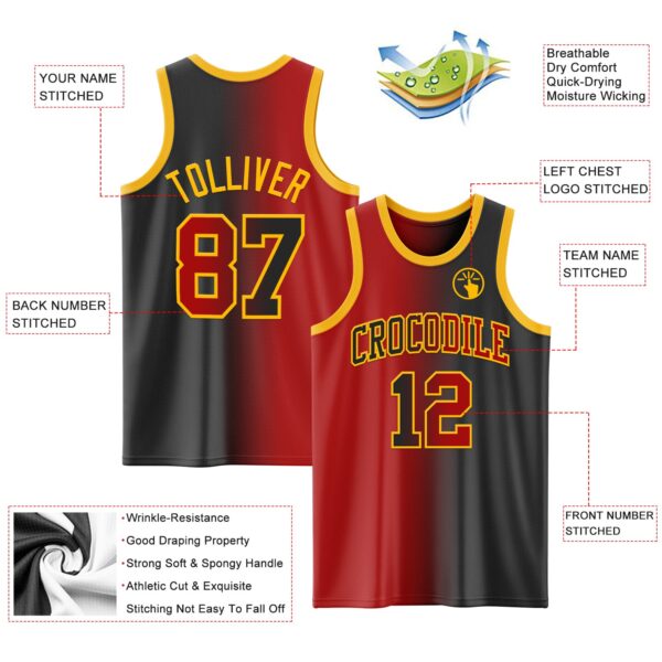 Custom Black Red-Gold Authentic Gradient Fashion Basketball Jersey