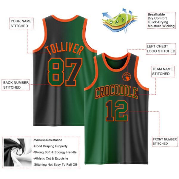 Custom Black Kelly Green-Orange Authentic Gradient Fashion Basketball Jersey