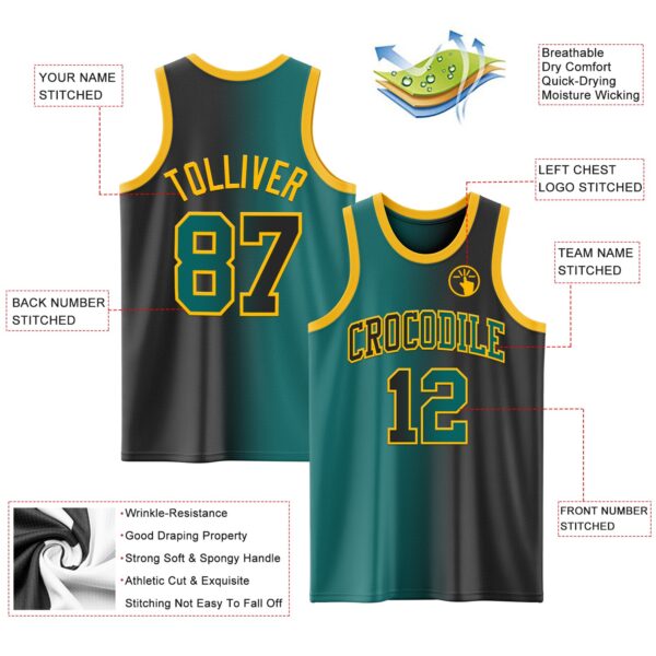 Custom Black Teal-Gold Authentic Gradient Fashion Basketball Jersey