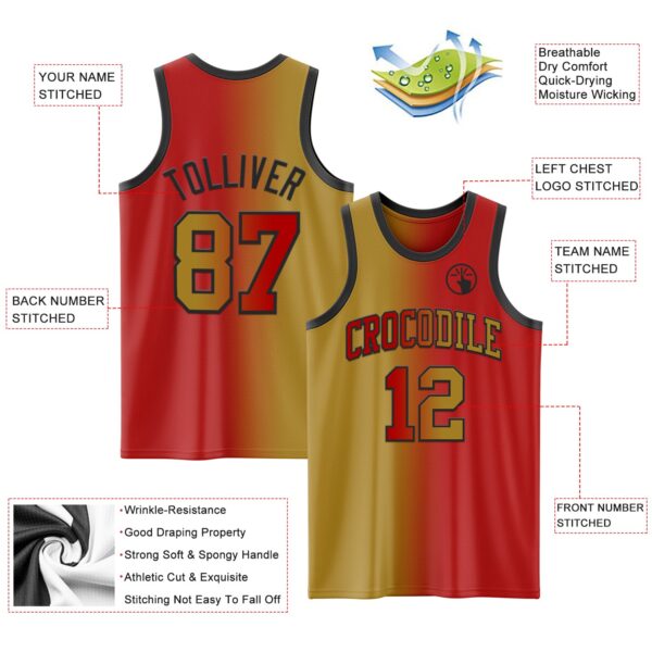 Custom Red Old Gold-Black Authentic Gradient Fashion Basketball Jersey