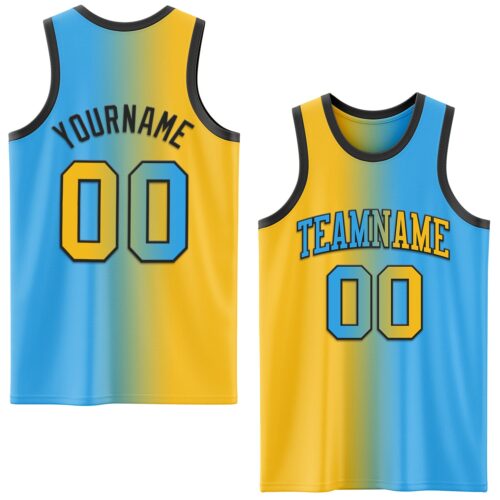 Custom Sky Blue Gold-Black Authentic Gradient Fashion Basketball Jersey