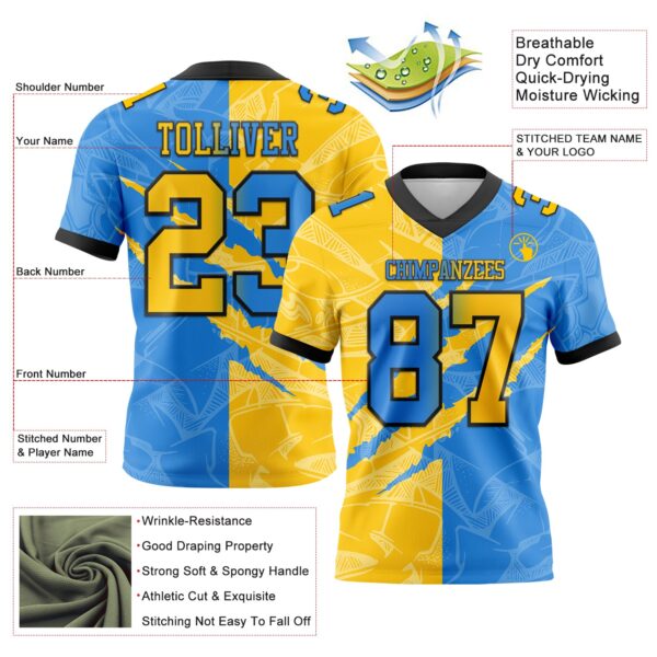 Custom Powder Blue Yellow-Black Authentic Gradient Fashion Scratch Football Jersey