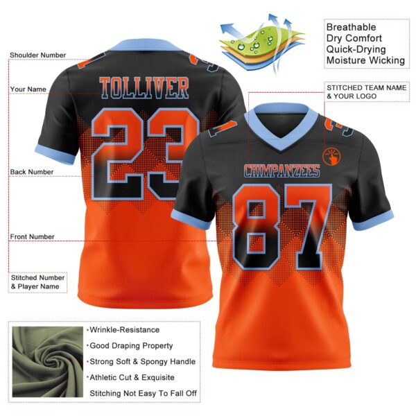 Custom Black Orange-Light Blue Authentic Gradient Square Shape Flag Football Jersey