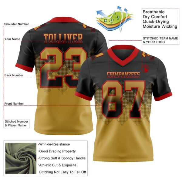 Custom Black Old Gold-Red Authentic Gradient Square Shape Flag Football Jersey