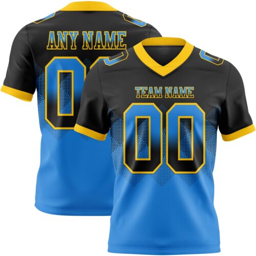 Custom Black Powder Blue-Yellow Authentic Gradient Square Shape Flag Football Jersey