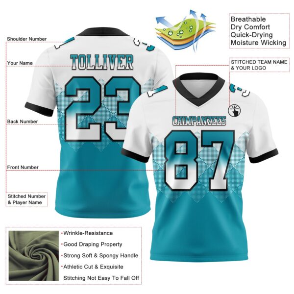 Custom White Teal-Black Authentic Gradient Square Shape Flag Football Jersey