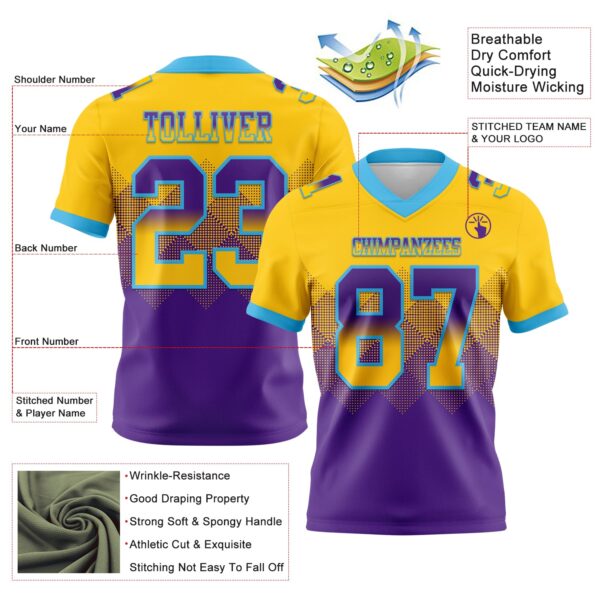 Custom Yellow Purple-Sky Blue Authentic Gradient Square Shape Flag Football Jersey