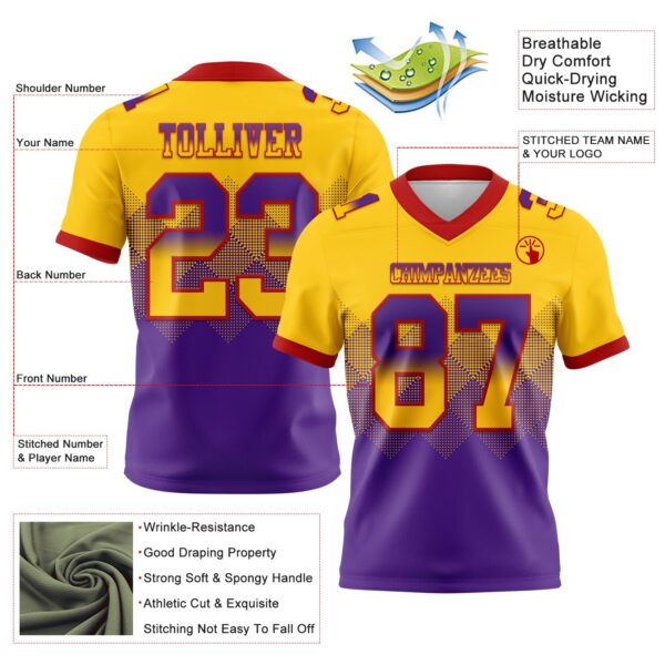 Custom Yellow Purple-Red Authentic Gradient Square Shape Flag Football Jersey